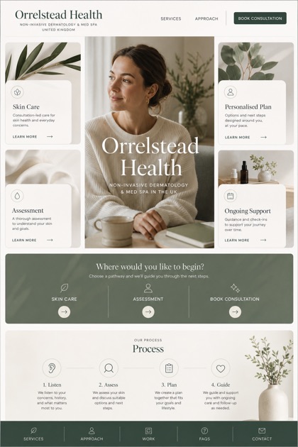Healthcare website design for United Kingdom, showing a clear opening, service information, supporting content, and a focused inquiry action.