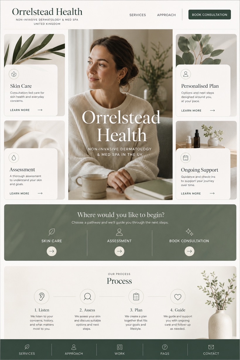 Healthcare website design for United Kingdom, showing a clear opening, service information, supporting content, and a focused inquiry action.