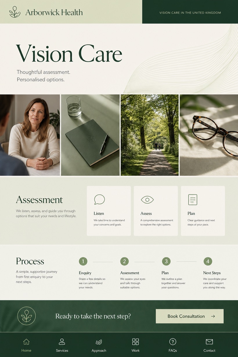 Healthcare website design for United Kingdom, showing a clear opening, service information, supporting content, and a focused inquiry action.