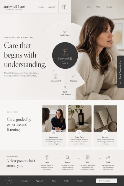 Healthcare website design for United Kingdom, showing a clear opening, service information, supporting content, and a focused inquiry action.