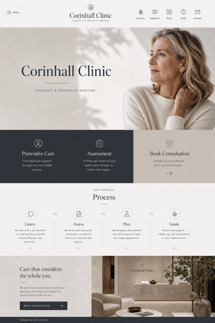 Healthcare website design for United Kingdom, showing a clear opening, service information, supporting content, and a focused inquiry action.