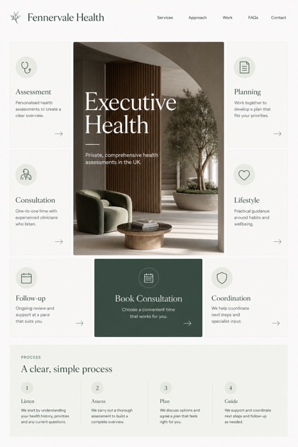 Healthcare website design for United Kingdom, showing a clear opening, service information, supporting content, and a focused inquiry action.