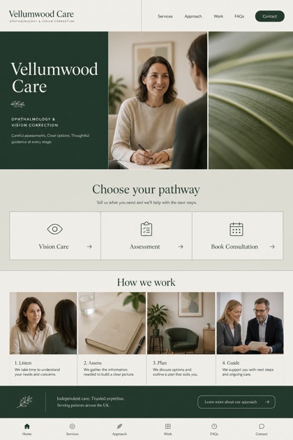 Healthcare website design for United Kingdom, showing a clear opening, service information, supporting content, and a focused inquiry action.