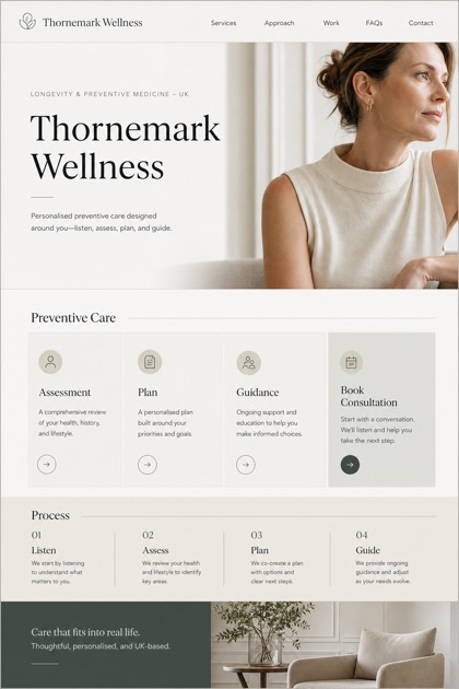 Healthcare website design for United Kingdom, showing a clear opening, service information, supporting content, and a focused inquiry action.