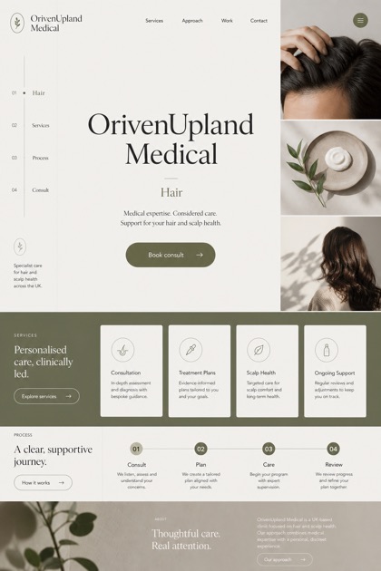 Healthcare website design for United Kingdom, showing a clear opening, service information, supporting content, and a focused inquiry action.