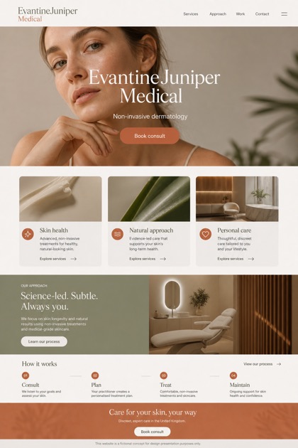 Healthcare website design for United Kingdom, showing a clear opening, service information, supporting content, and a focused inquiry action.