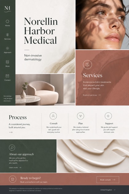 Healthcare website design for United Kingdom, showing a clear opening, service information, supporting content, and a focused inquiry action.