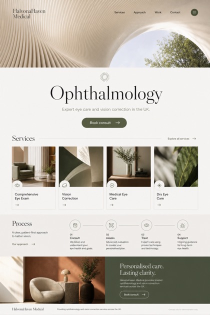 Healthcare website design for United Kingdom, showing a clear opening, service information, supporting content, and a focused inquiry action.