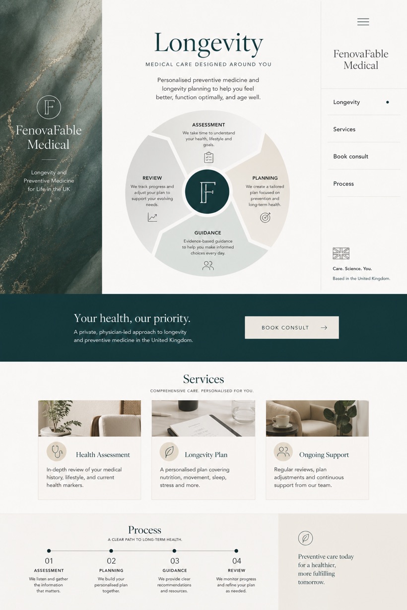 Healthcare website design for United Kingdom, showing a clear opening, service information, supporting content, and a focused inquiry action.