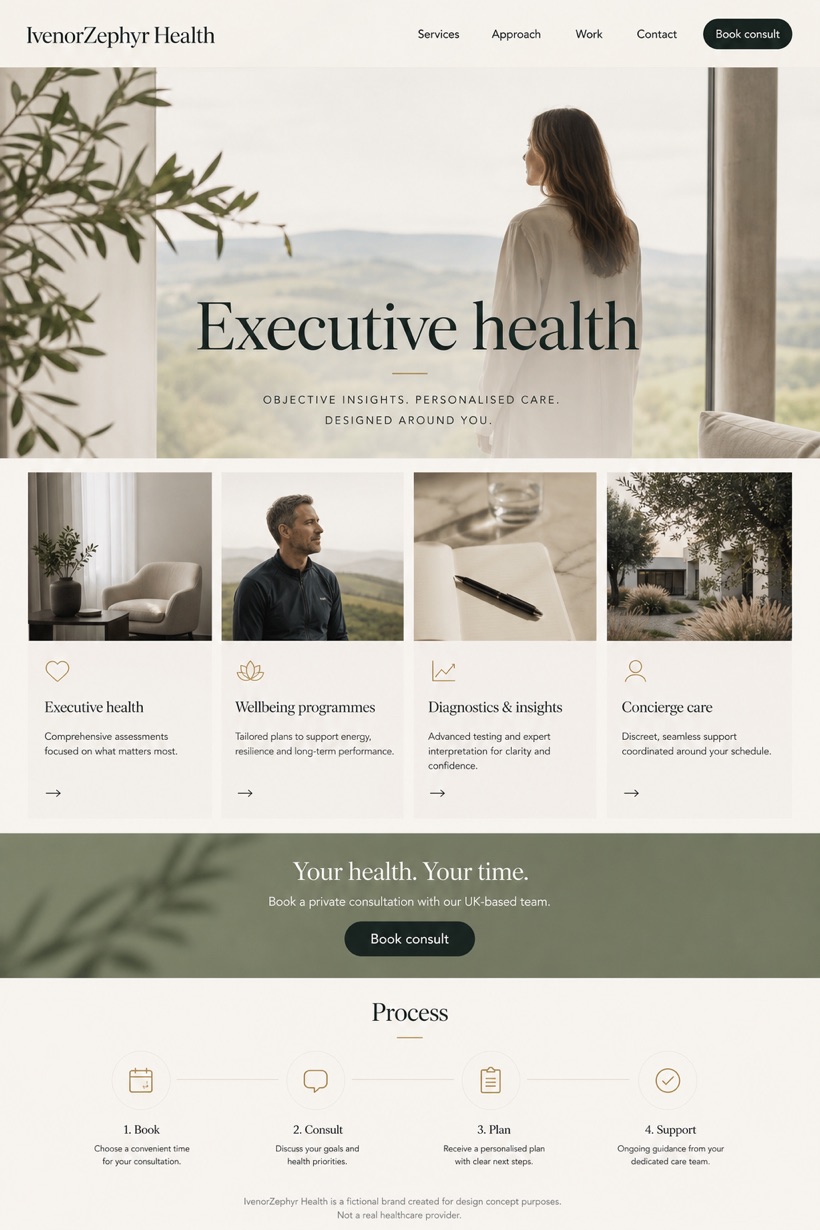 Healthcare website design for United Kingdom, showing a clear opening, service information, supporting content, and a focused inquiry action.
