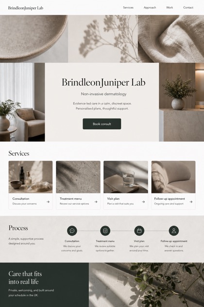 Healthcare website design for United Kingdom, showing a clear opening, service information, supporting content, and a focused inquiry action.