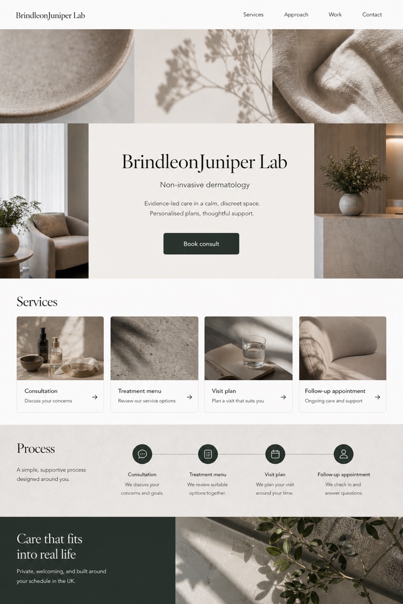 Healthcare website design for United Kingdom, showing a clear opening, service information, supporting content, and a focused inquiry action.