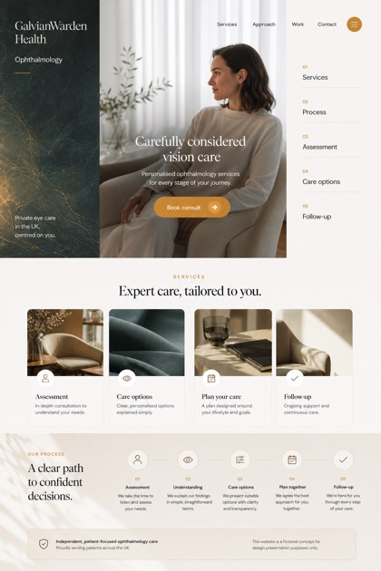 Healthcare website design for United Kingdom, showing a clear opening, service information, supporting content, and a focused inquiry action.