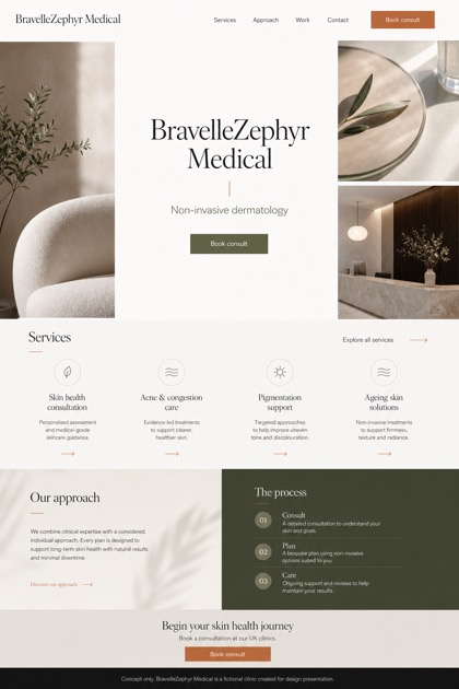 Healthcare website design for United Kingdom, showing a clear opening, service information, supporting content, and a focused inquiry action.