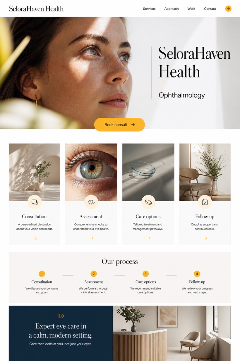 Healthcare website design for United Kingdom, showing a clear opening, service information, supporting content, and a focused inquiry action.