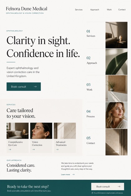 Healthcare website design for United Kingdom, showing a clear opening, service information, supporting content, and a focused inquiry action.