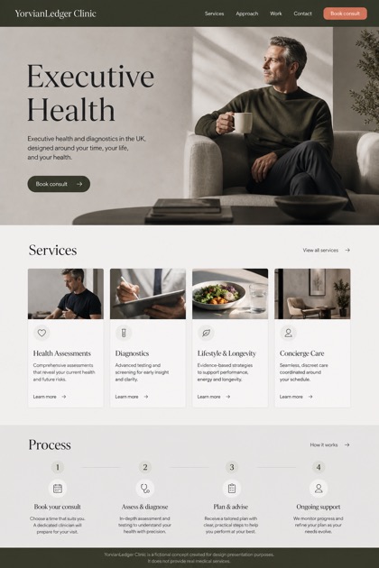Healthcare website design for United Kingdom, showing a clear opening, service information, supporting content, and a focused inquiry action.