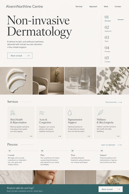 Healthcare website design for United Kingdom, showing a clear opening, service information, supporting content, and a focused inquiry action.