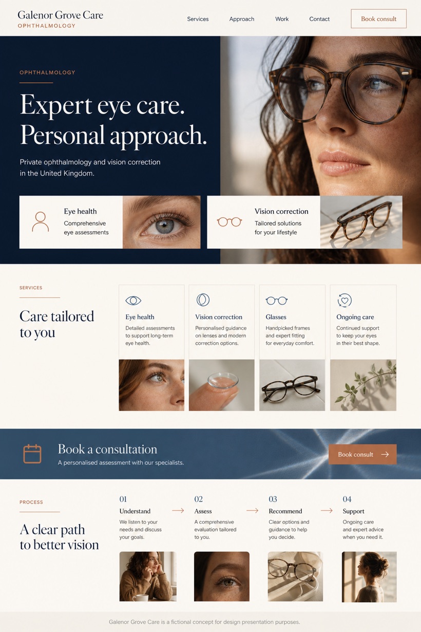 Healthcare website design for United Kingdom, showing a clear opening, service information, supporting content, and a focused inquiry action.