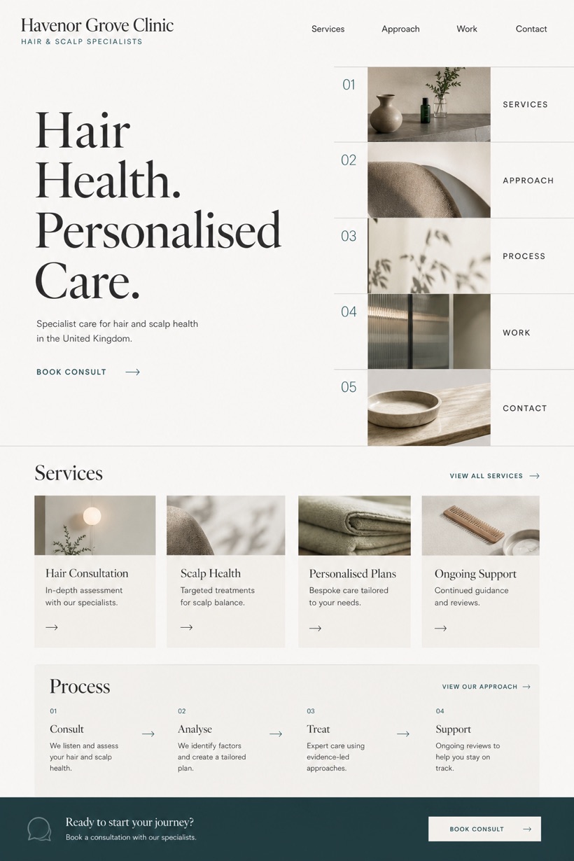 Healthcare website design for United Kingdom, showing a clear opening, service information, supporting content, and a focused inquiry action.