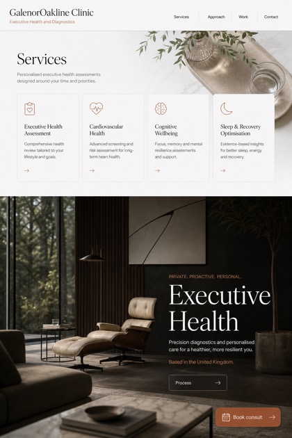 Healthcare website design for United Kingdom, showing a clear opening, service information, supporting content, and a focused inquiry action.