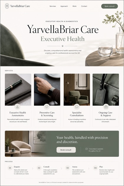 Healthcare website design for United Kingdom, showing a clear opening, service information, supporting content, and a focused inquiry action.