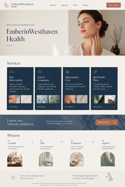 Healthcare website design for United Kingdom, showing a clear opening, service information, supporting content, and a focused inquiry action.