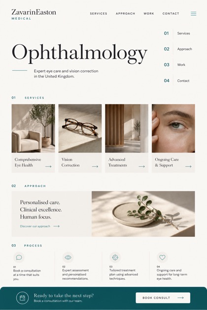 Healthcare website design for United Kingdom, showing a clear opening, service information, supporting content, and a focused inquiry action.