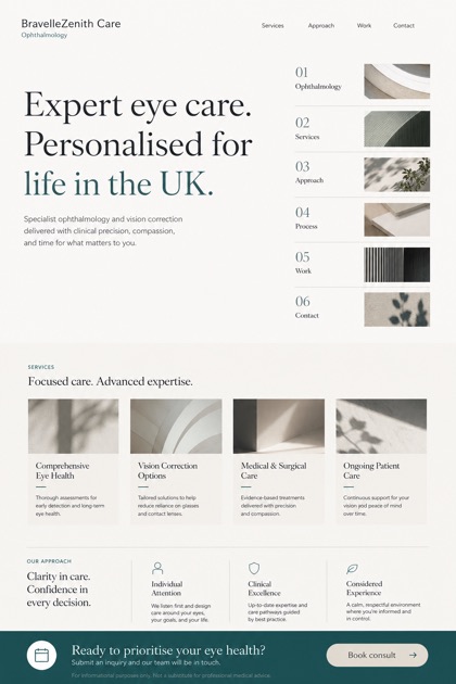 Healthcare website design for United Kingdom, showing a clear opening, service information, supporting content, and a focused inquiry action.
