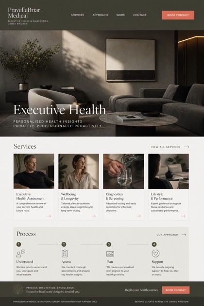 Healthcare website design for United Kingdom, showing a clear opening, service information, supporting content, and a focused inquiry action.