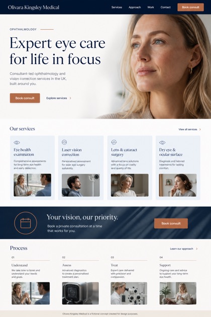 Healthcare website design for United Kingdom, showing a clear opening, service information, supporting content, and a focused inquiry action.