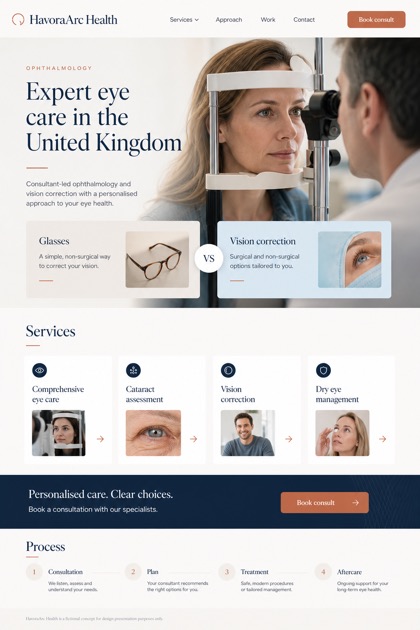 Healthcare website design for United Kingdom, showing a clear opening, service information, supporting content, and a focused inquiry action.