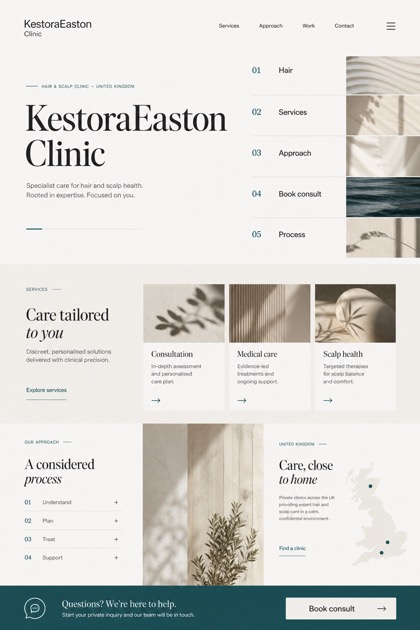 Healthcare website design for United Kingdom, showing a clear opening, service information, supporting content, and a focused inquiry action.