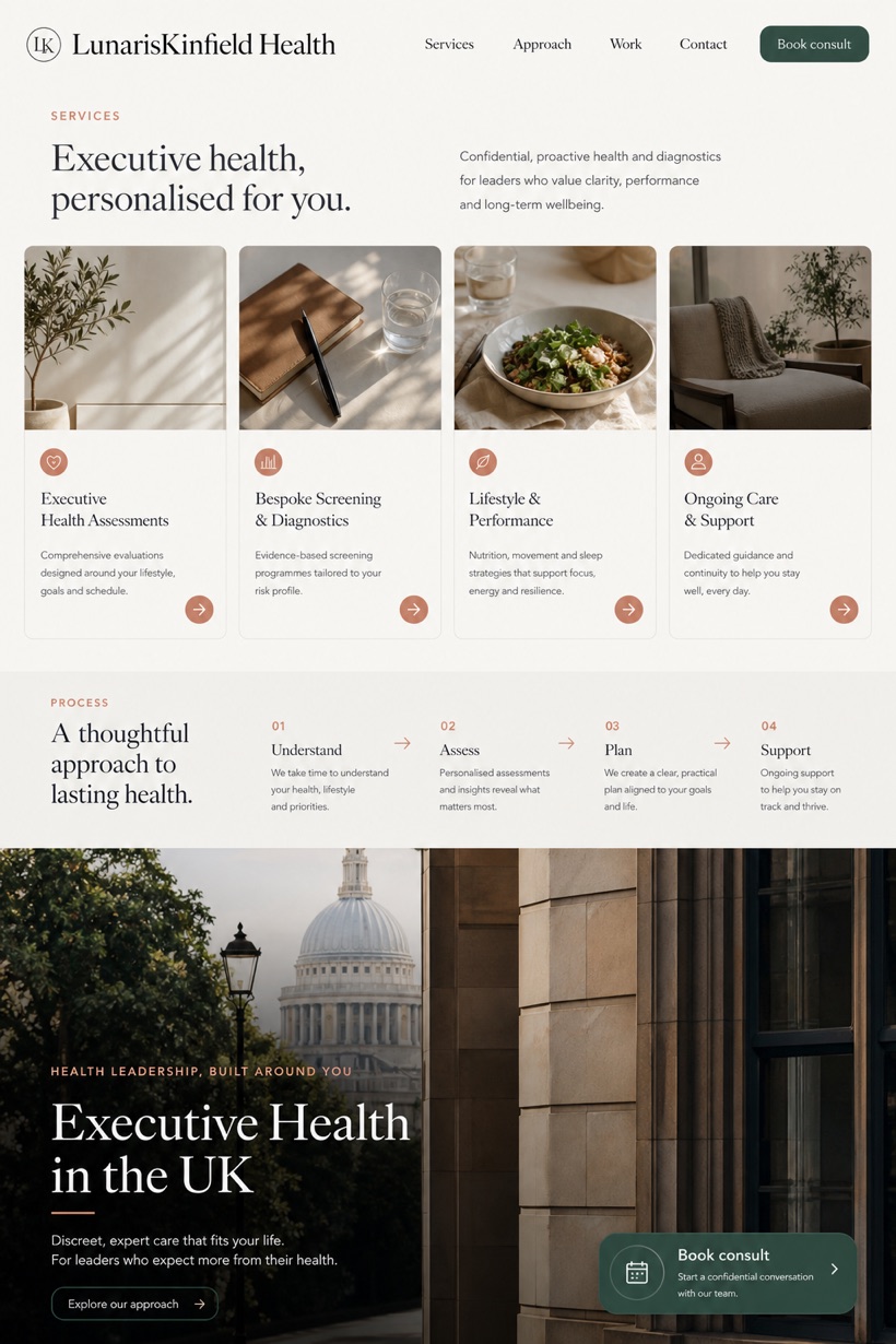 Healthcare website design for United Kingdom, showing a clear opening, service information, supporting content, and a focused inquiry action.