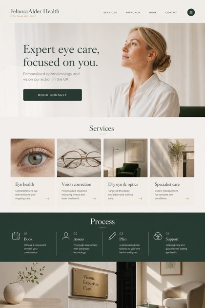 Healthcare website design for United Kingdom, showing a clear opening, service information, supporting content, and a focused inquiry action.