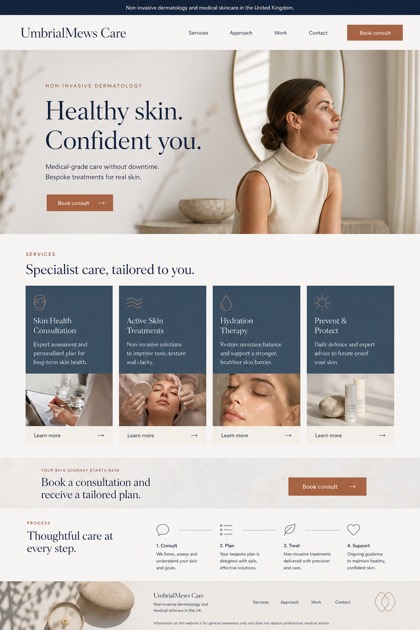 Healthcare website design for United Kingdom, showing a clear opening, service information, supporting content, and a focused inquiry action.