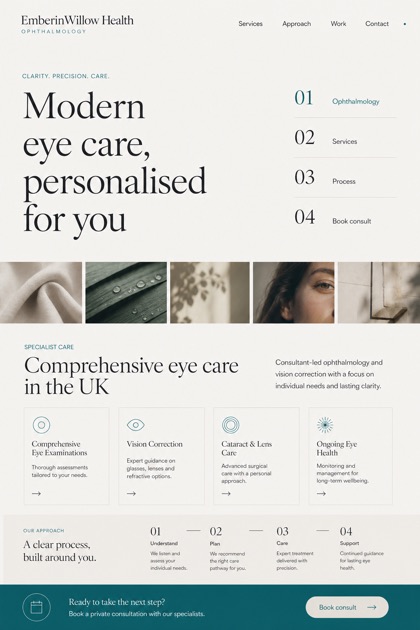 Healthcare website design for United Kingdom, showing a clear opening, service information, supporting content, and a focused inquiry action.