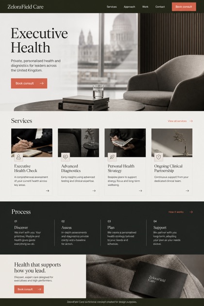 Healthcare website design for United Kingdom, showing a clear opening, service information, supporting content, and a focused inquiry action.