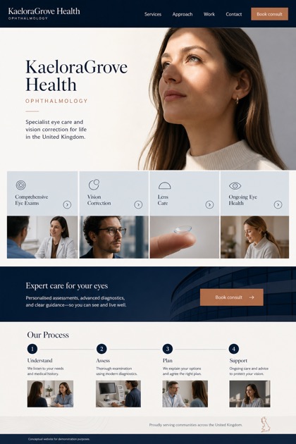Healthcare website design for United Kingdom, showing a clear opening, service information, supporting content, and a focused inquiry action.