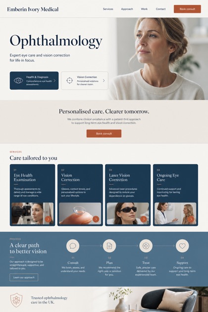 Healthcare website design for United Kingdom, showing a clear opening, service information, supporting content, and a focused inquiry action.