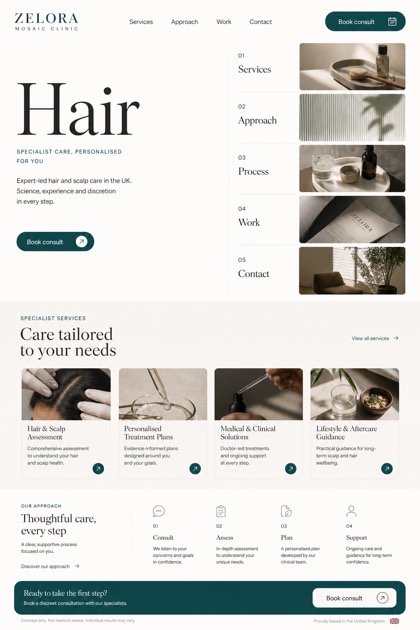 Healthcare website design for United Kingdom, showing a clear opening, service information, supporting content, and a focused inquiry action.