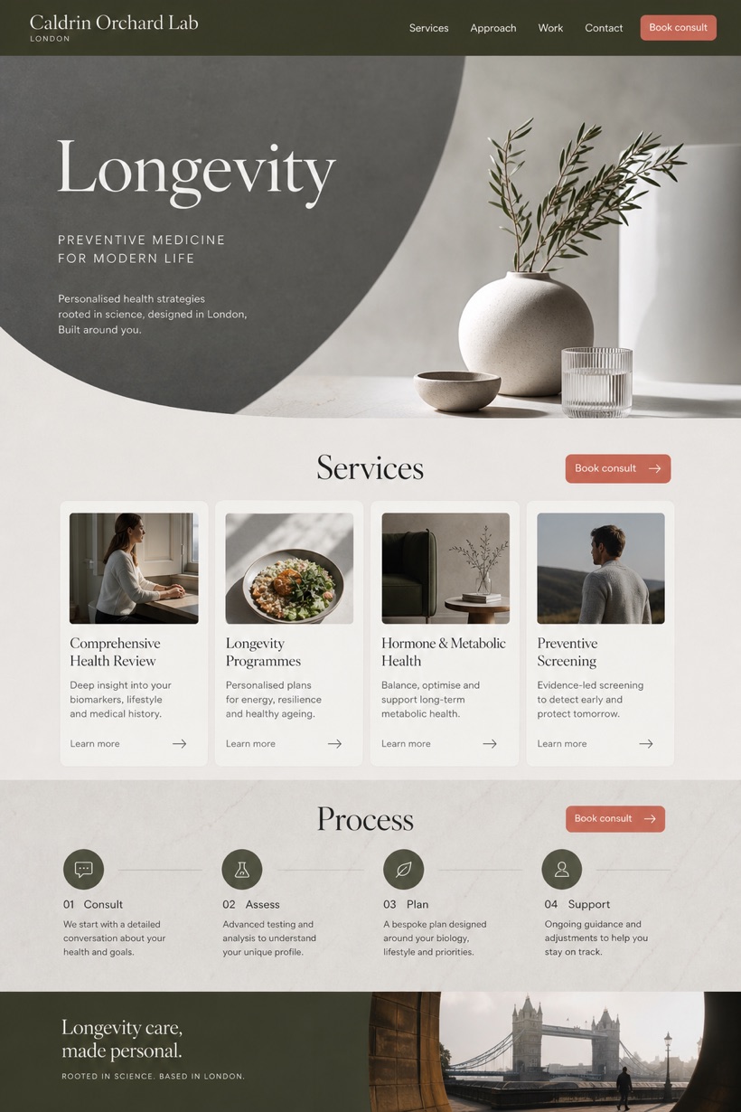 Healthcare website design for United Kingdom, showing a clear opening, service information, supporting content, and a focused inquiry action.