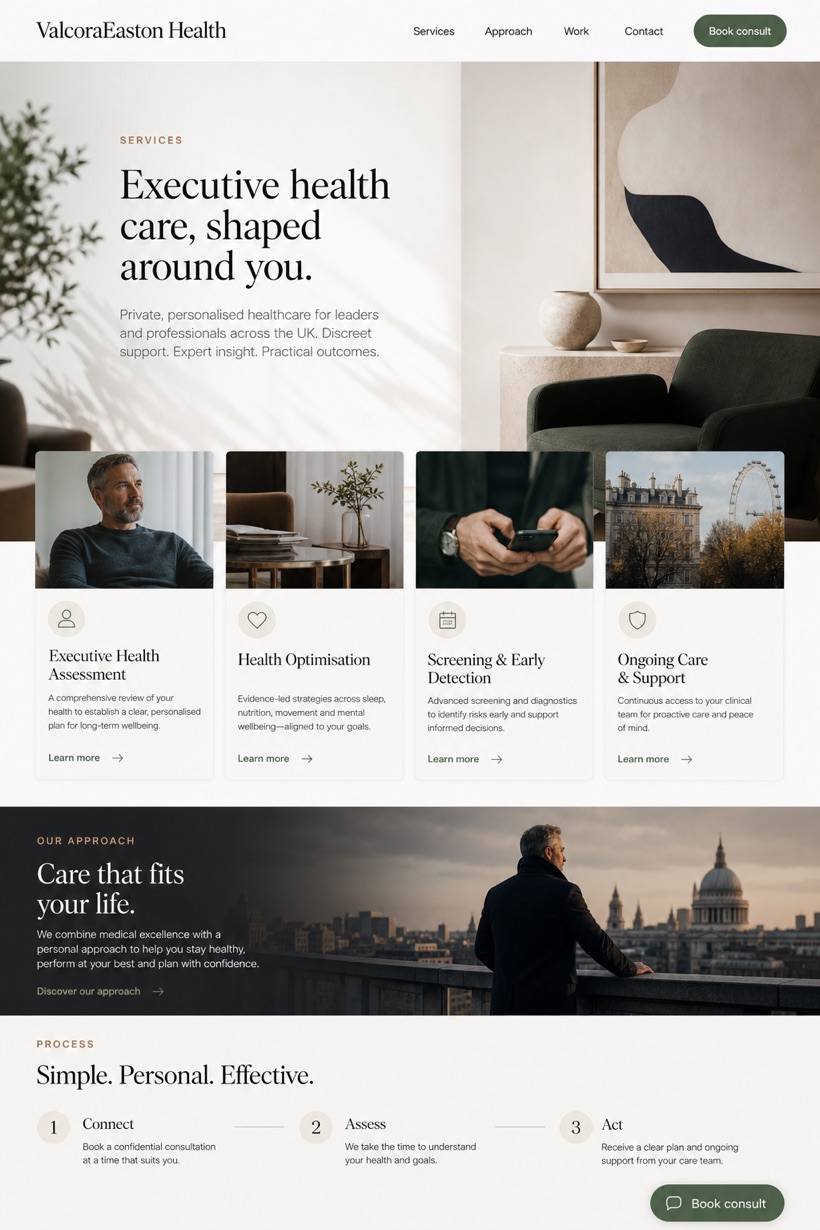 Healthcare website design for United Kingdom, showing a clear opening, service information, supporting content, and a focused inquiry action.