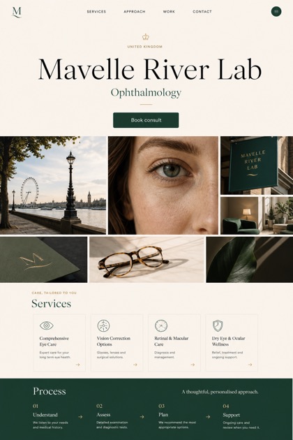 Healthcare website design for United Kingdom, showing a clear opening, service information, supporting content, and a focused inquiry action.