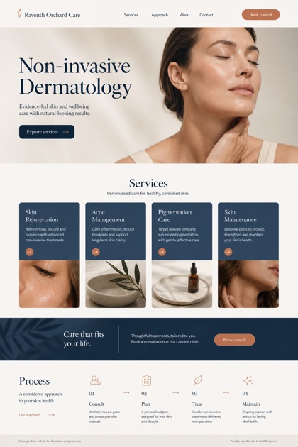 Healthcare website design for United Kingdom, showing a clear opening, service information, supporting content, and a focused inquiry action.