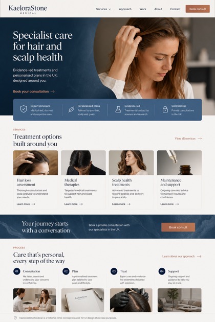Healthcare website design for United Kingdom, showing a clear opening, service information, supporting content, and a focused inquiry action.