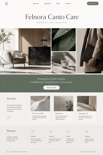 Healthcare website design for United Kingdom, showing a clear opening, service information, supporting content, and a focused inquiry action.