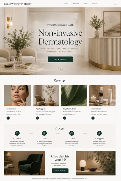 Healthcare website design for United Kingdom, showing a clear opening, service information, supporting content, and a focused inquiry action.