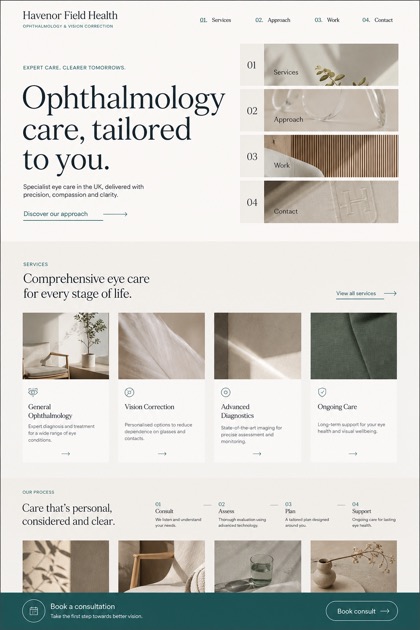 Healthcare website design for United Kingdom, showing a clear opening, service information, supporting content, and a focused inquiry action.