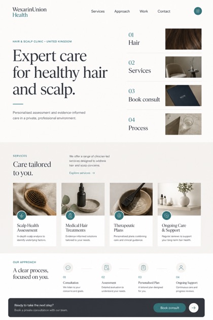 Healthcare website design for United Kingdom, showing a clear opening, service information, supporting content, and a focused inquiry action.